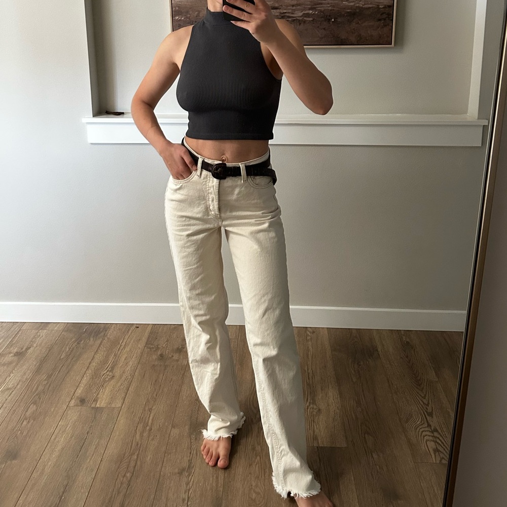 Straight leg high rise cream jeans